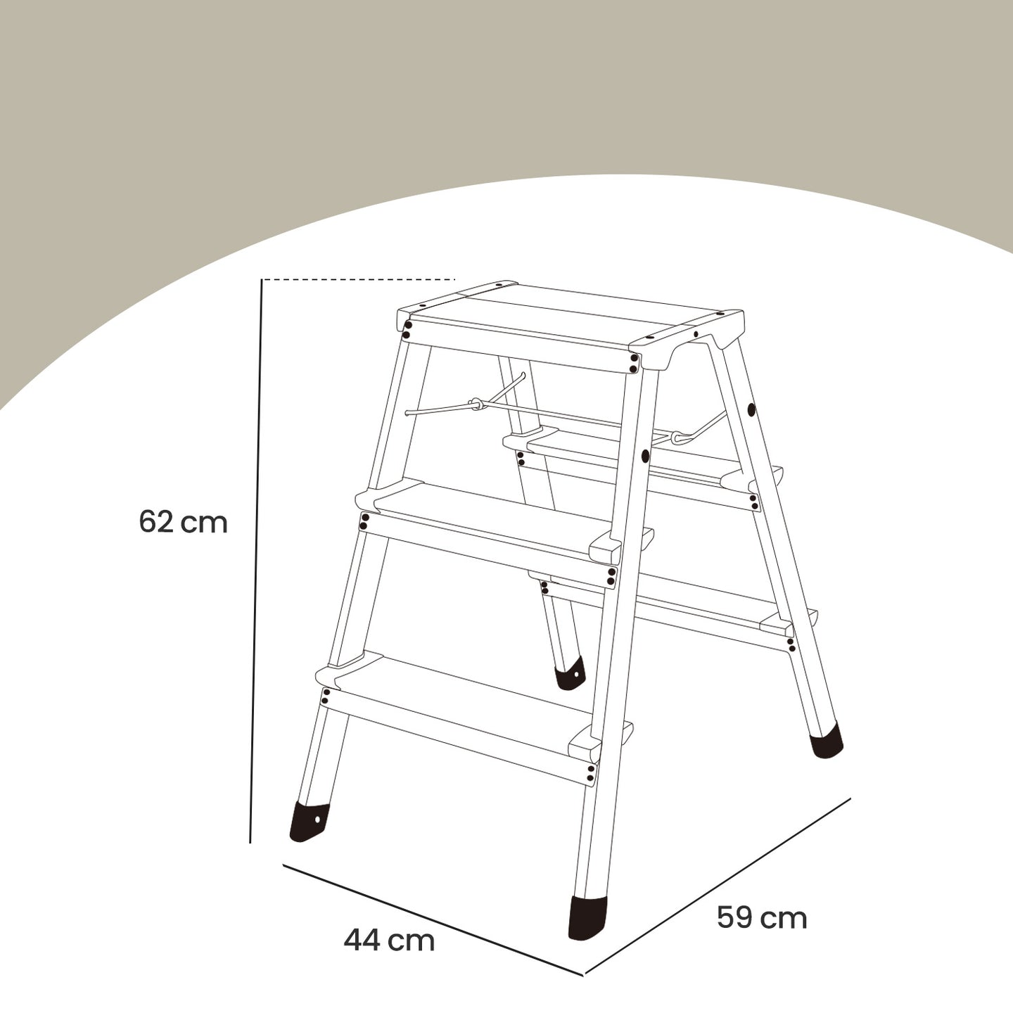 Ladder, 3 Step Aluminium Ladder - Aluminium Alloy and Plastic - Silver + Black Plastic Parts