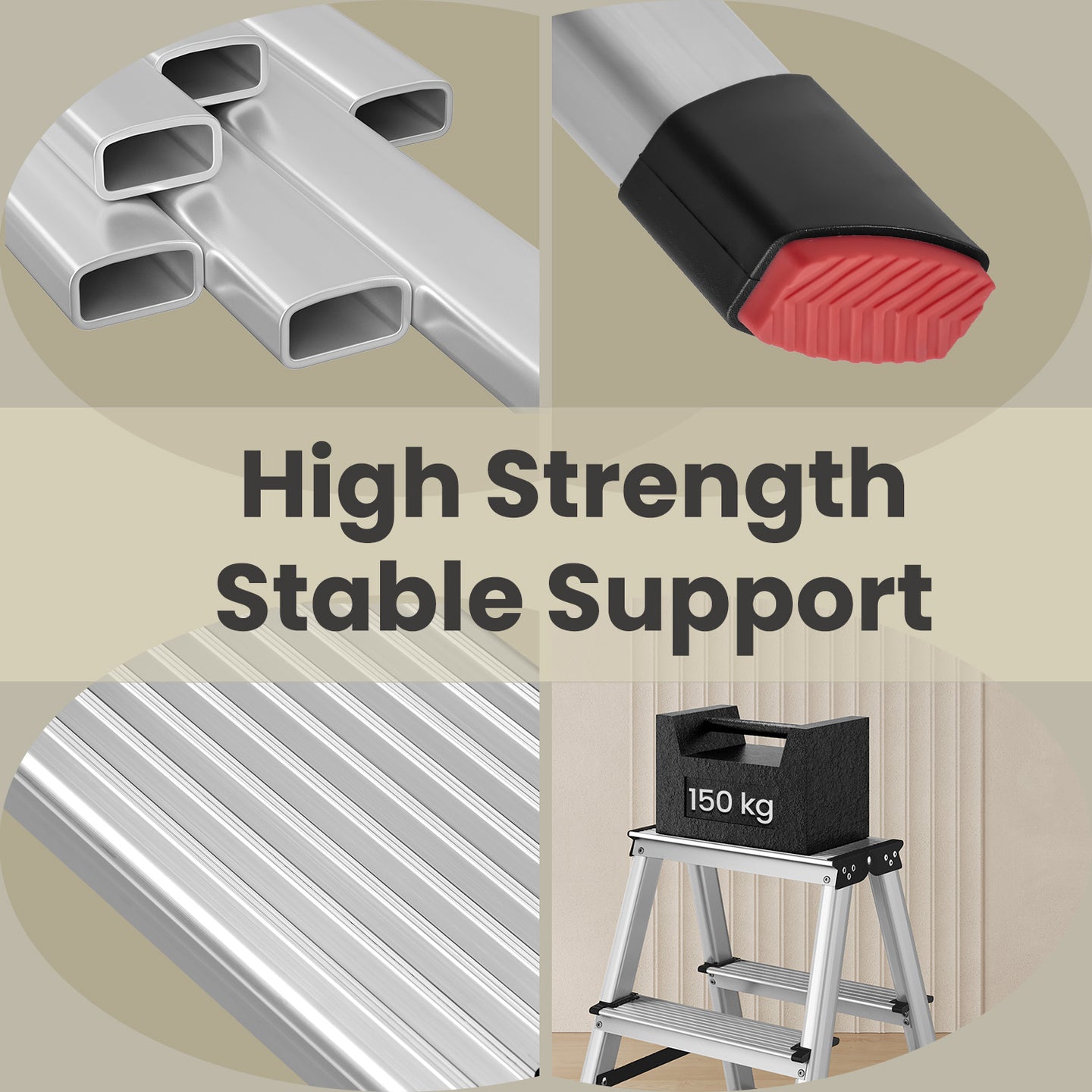 Ladder, 3 Step Aluminium Ladder - Aluminium Alloy and Plastic - Silver + Black Plastic Parts