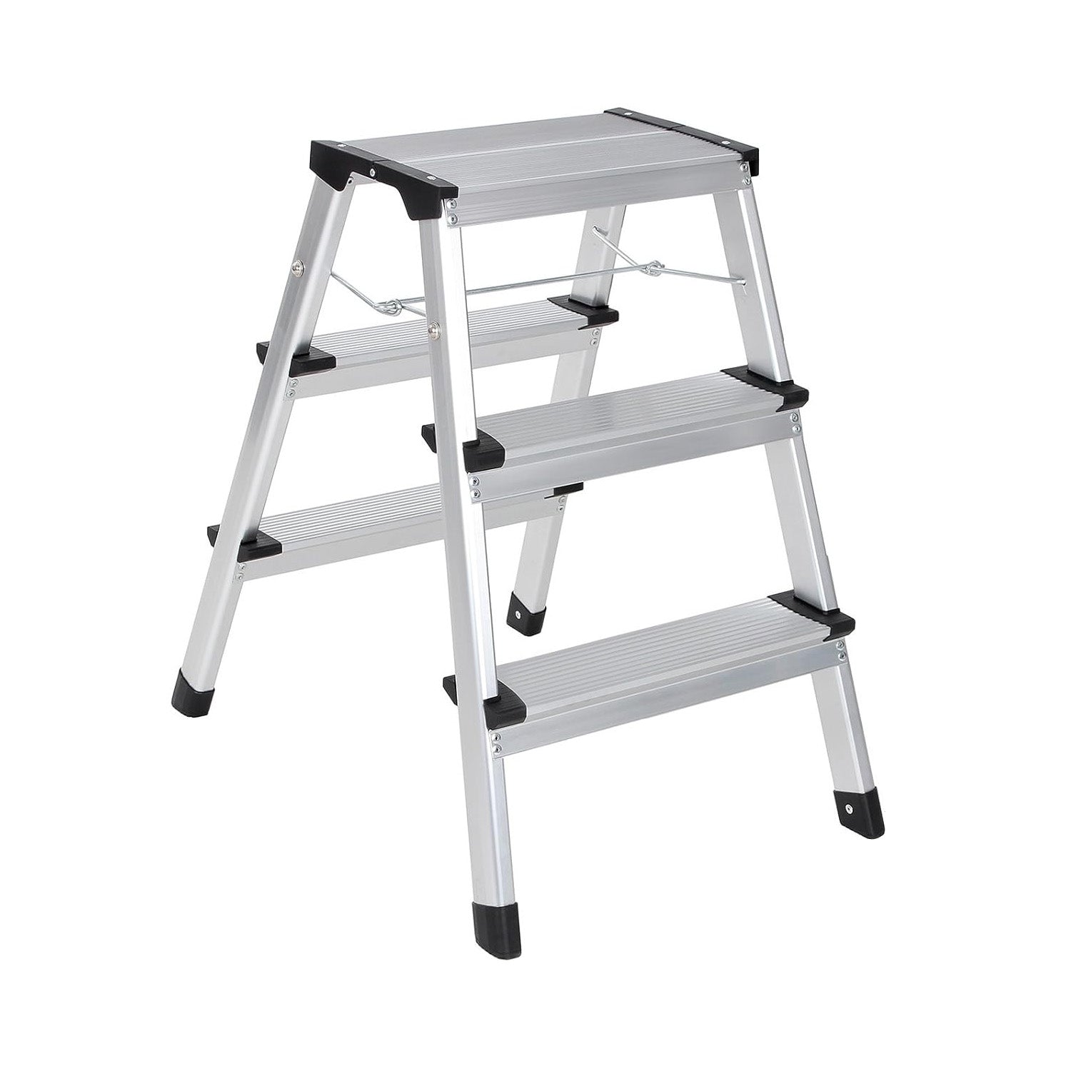 Ladder, 3 Step Aluminium Ladder - Aluminium Alloy and Plastic - Silver + Black Plastic Parts