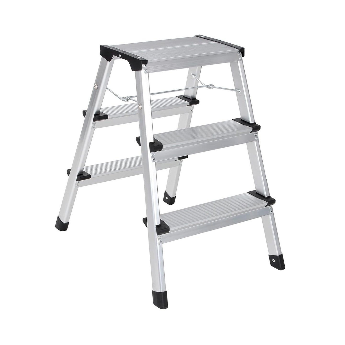 Ladder, 3 Step Aluminium Ladder - Aluminium Alloy and Plastic - Silver + Black Plastic Parts