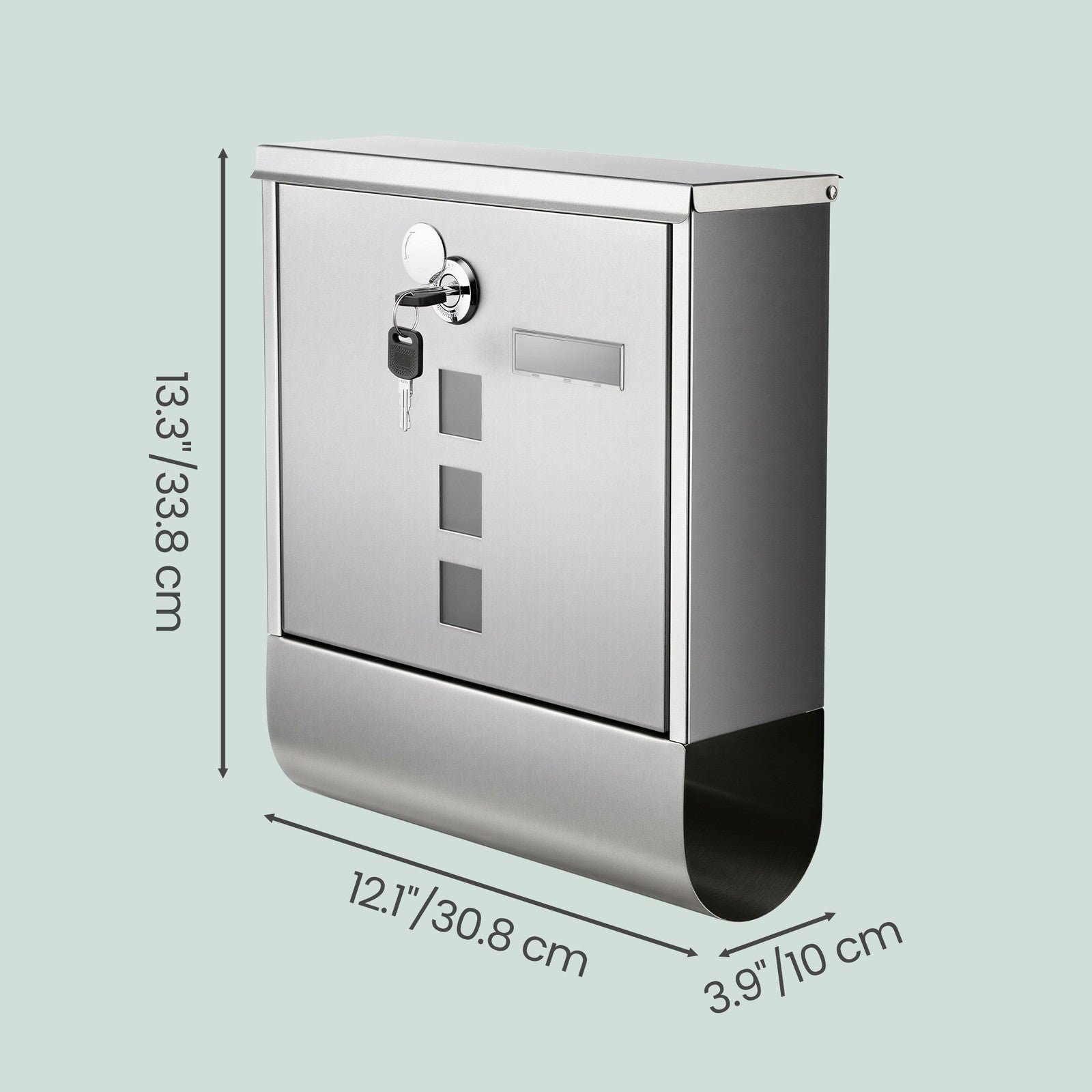 Wall Mailbox - Stainless - Silver - with Lock and Newspaper Holder