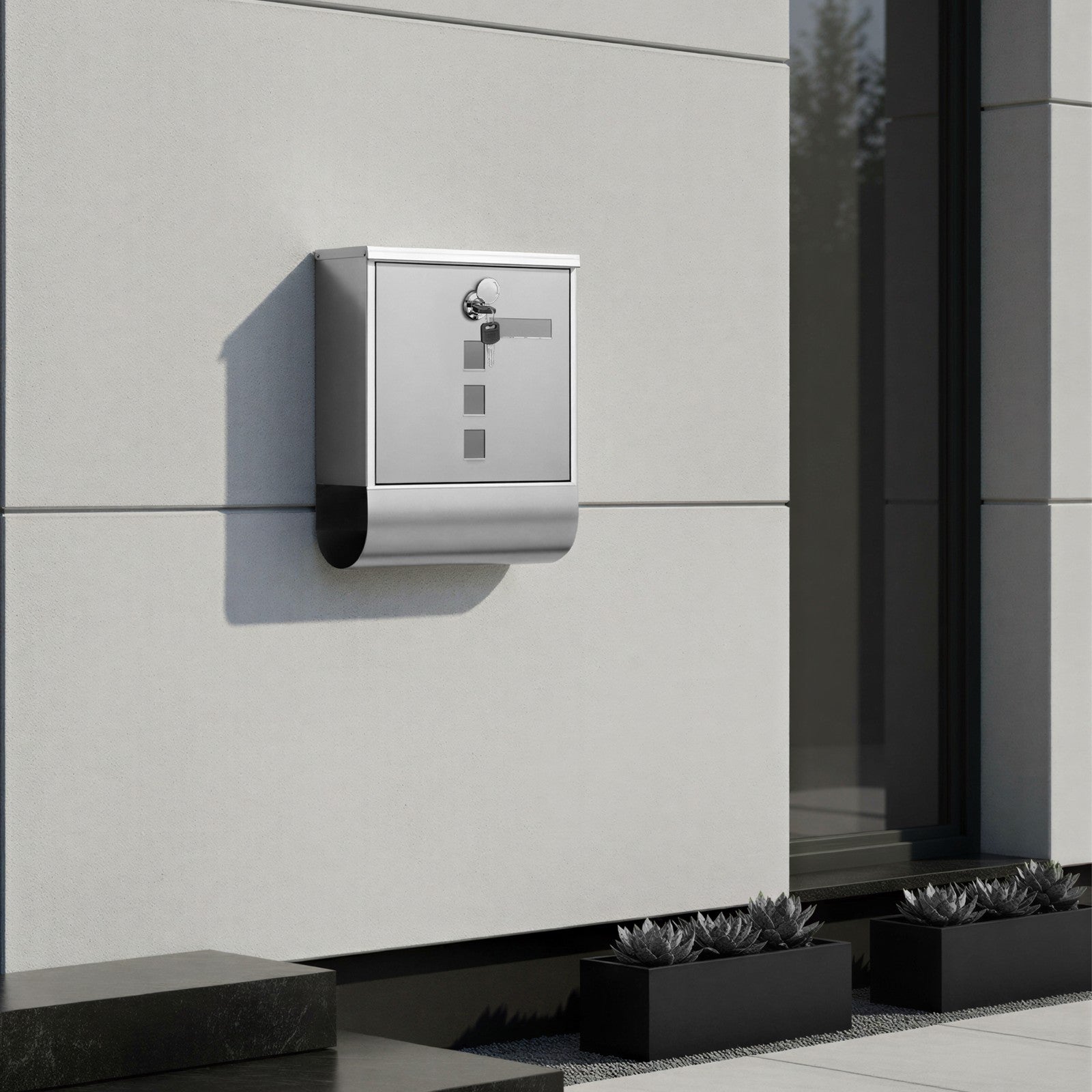 Wall Mailbox - Stainless - Silver - with Lock and Newspaper Holder