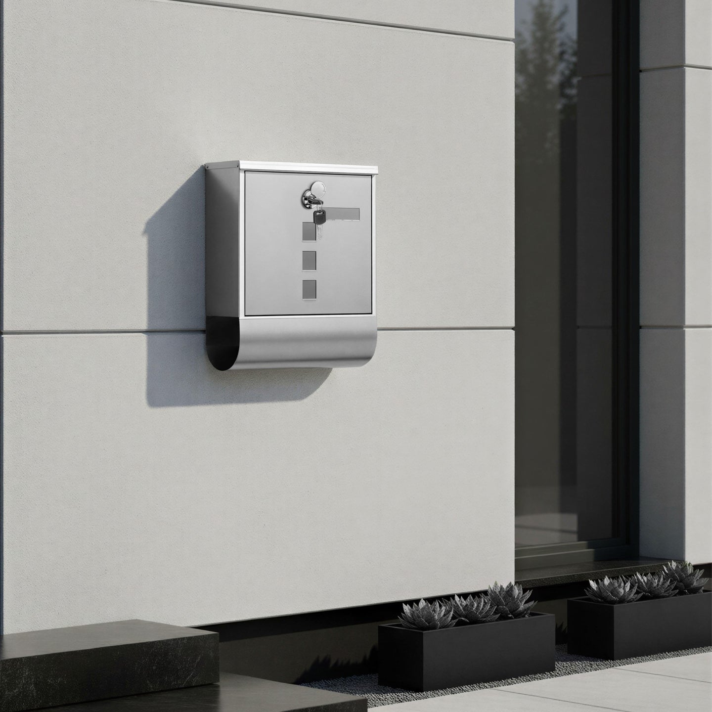 Wall Mailbox - Stainless - Silver - with Lock and Newspaper Holder