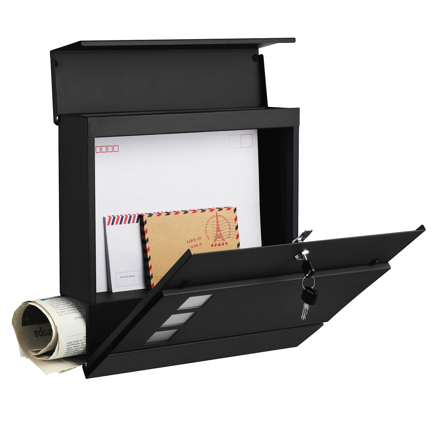 Lockable Wall-Mounted Mailbox - Metal - Black - Includes Newspaper Holder