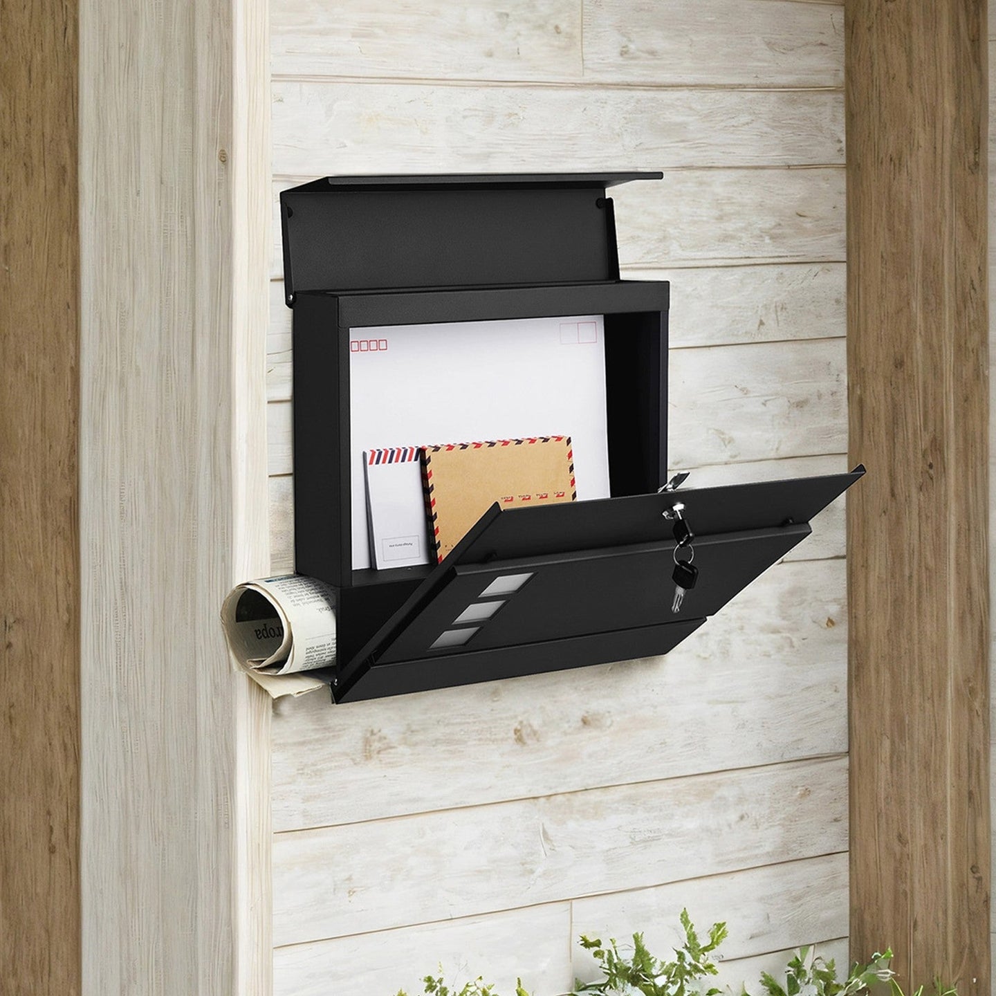 Lockable Wall-Mounted Mailbox - Metal - Black - Includes Newspaper Holder