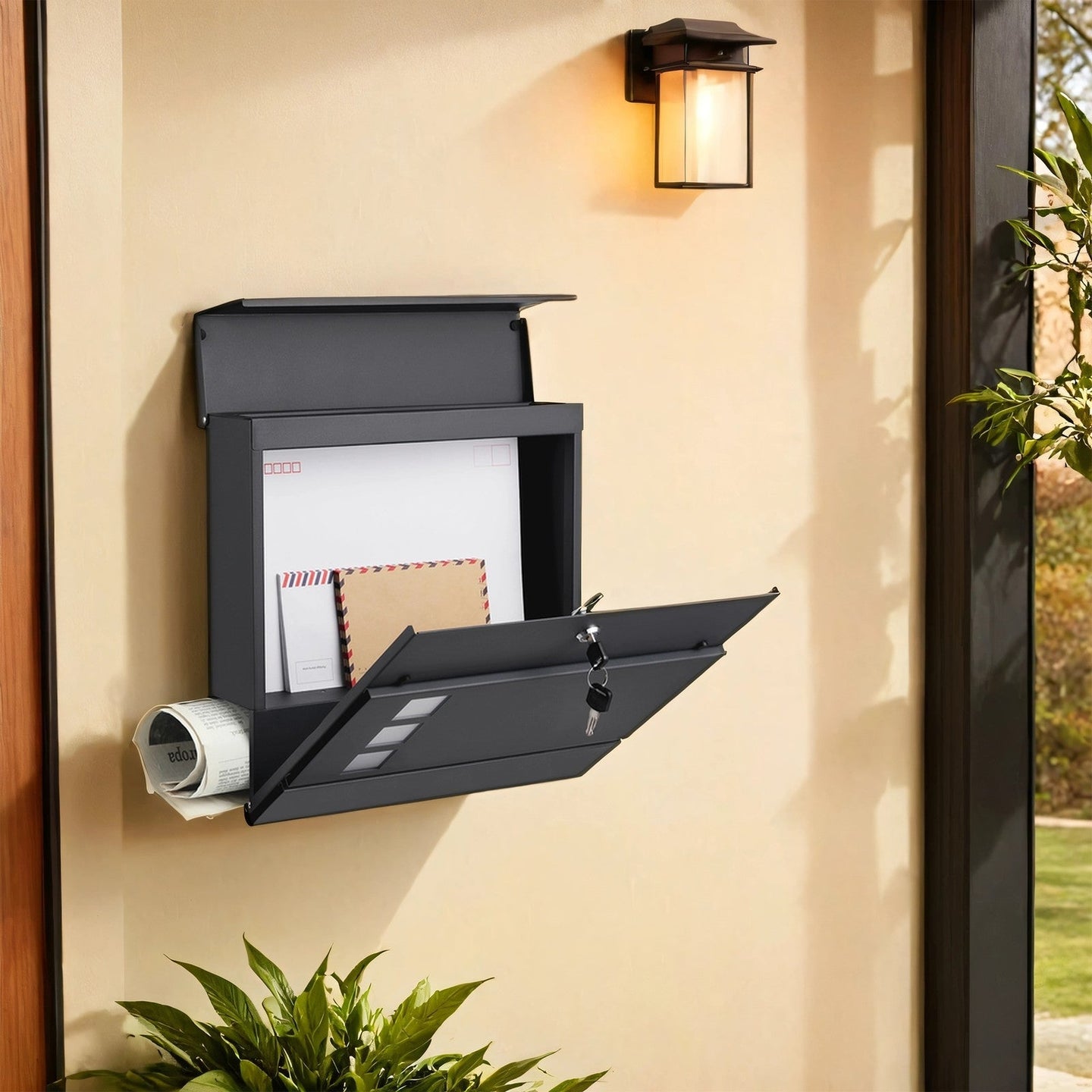 Lockable Wall-Mounted Mailbox - Metal - Black - Includes Newspaper Holder