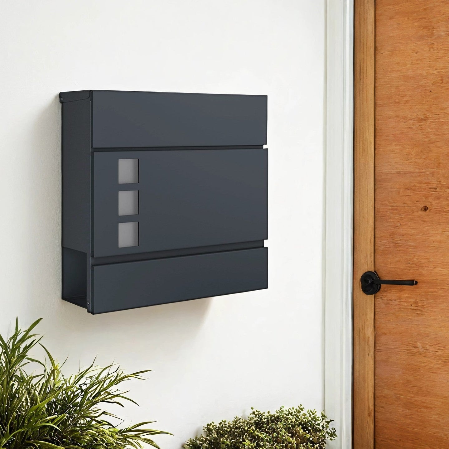 Lockable Wall-Mounted Mailbox - Metal - Black - Includes Newspaper Holder