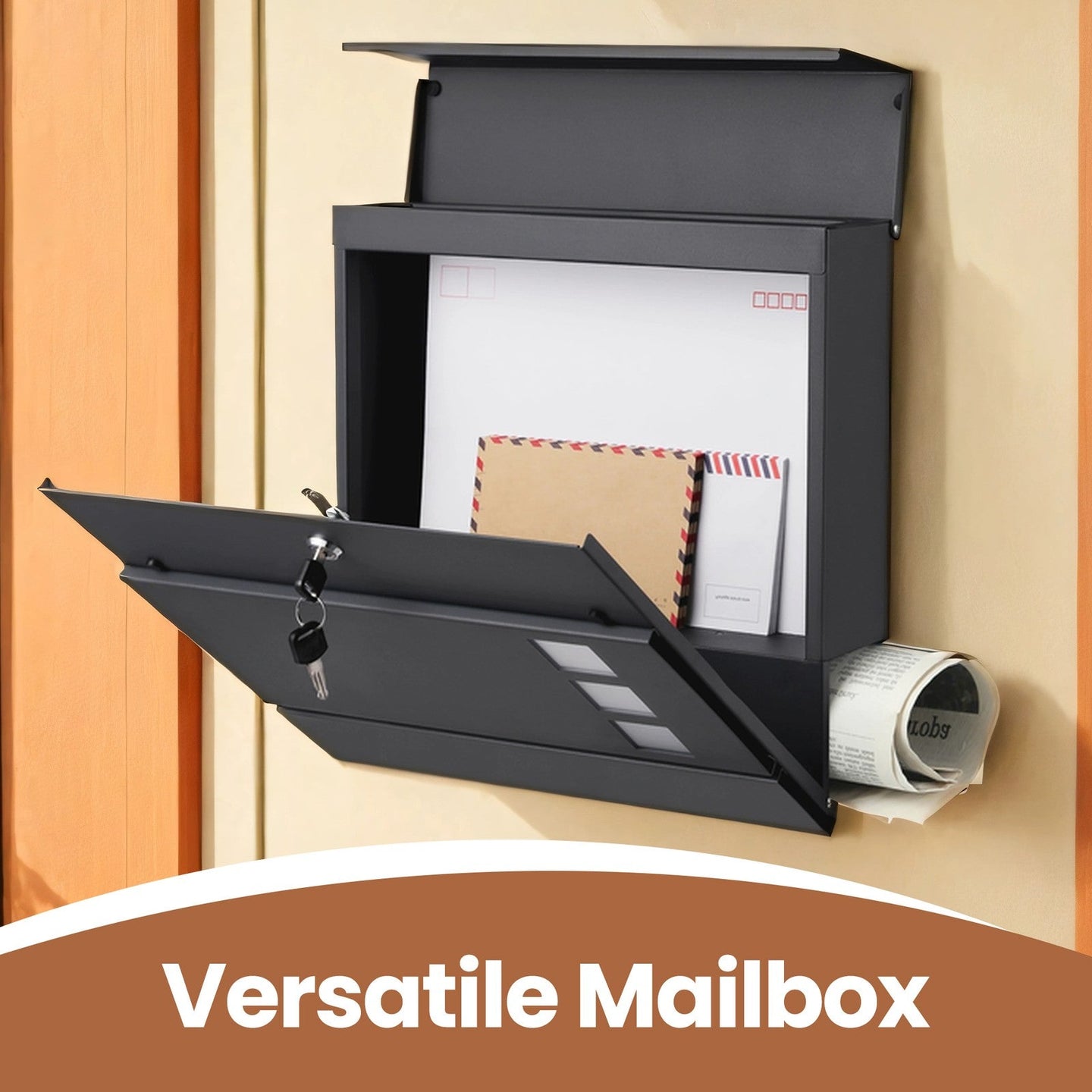 Lockable Wall-Mounted Mailbox - Metal - Black - Includes Newspaper Holder
