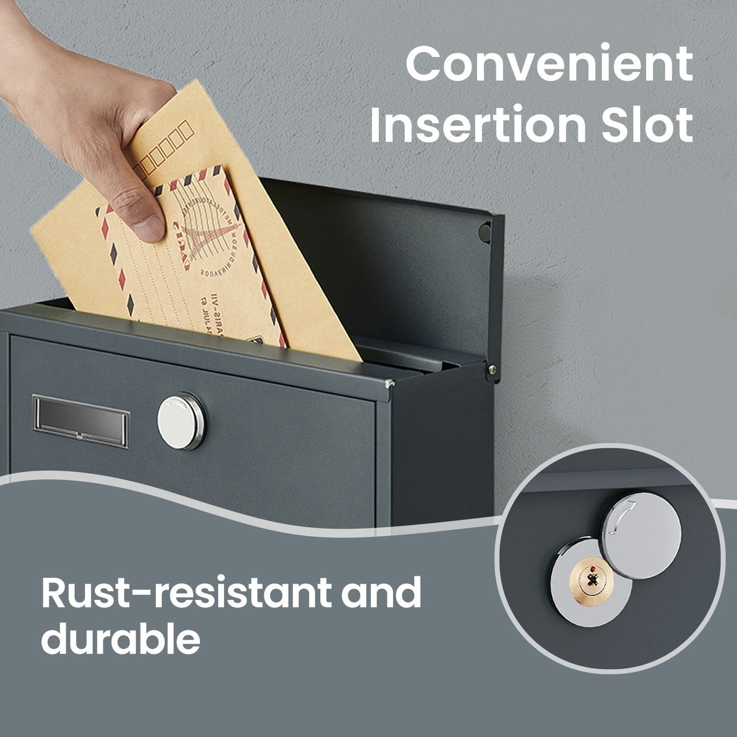 Wall Mounted Mailbox - Metal - Anthracite Grey - Copper Lock Cylinder with Newspaper Holder