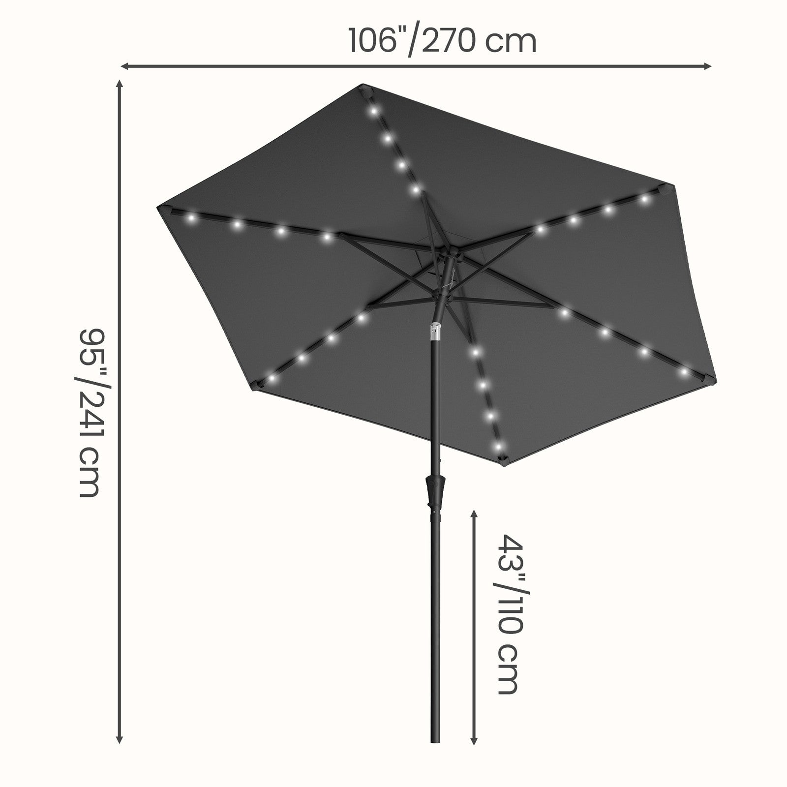 Outdoor Patio Umbrella - 2.7m - Steel Frame - Solar Powered LED Lights