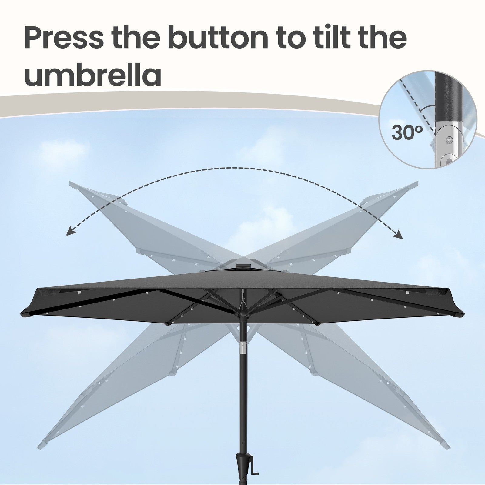 Outdoor Patio Umbrella - 2.7m - Steel Frame - Solar Powered LED Lights