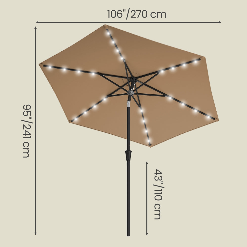 Outdoor Patio Sun Umbrella - 2.7m - Steel Frame - Solar-Powered LED Lights