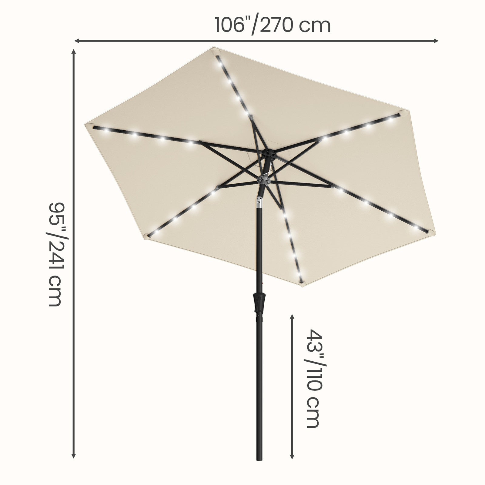 Outdoor Patio Sun Umbrella - 2.7m - Steel Frame - Solar-Powered LED Lights
