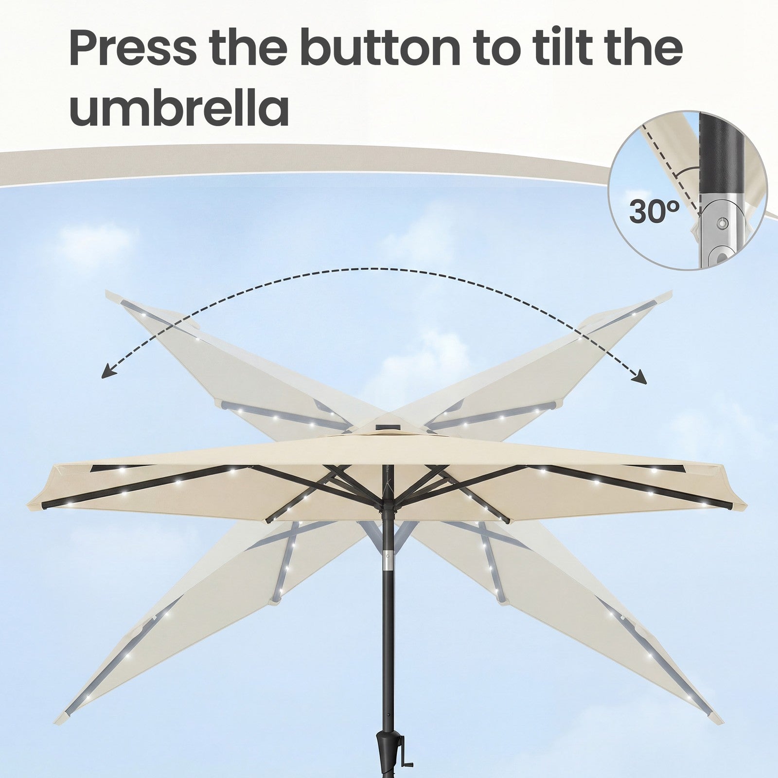 Outdoor Patio Sun Umbrella - 2.7m - Steel Frame - Solar-Powered LED Lights