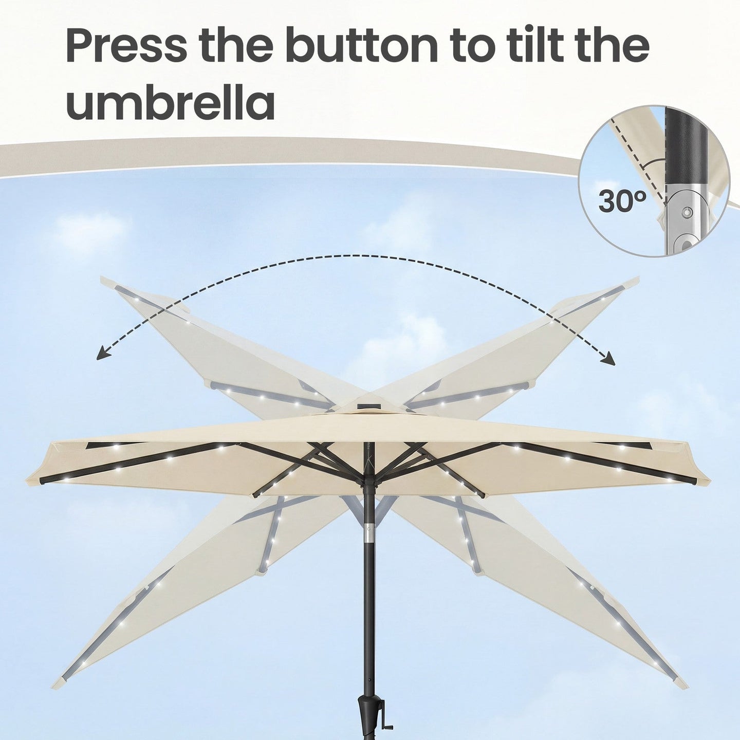 Outdoor Patio Sun Umbrella - 2.7m - Steel Frame - Solar-Powered LED Lights