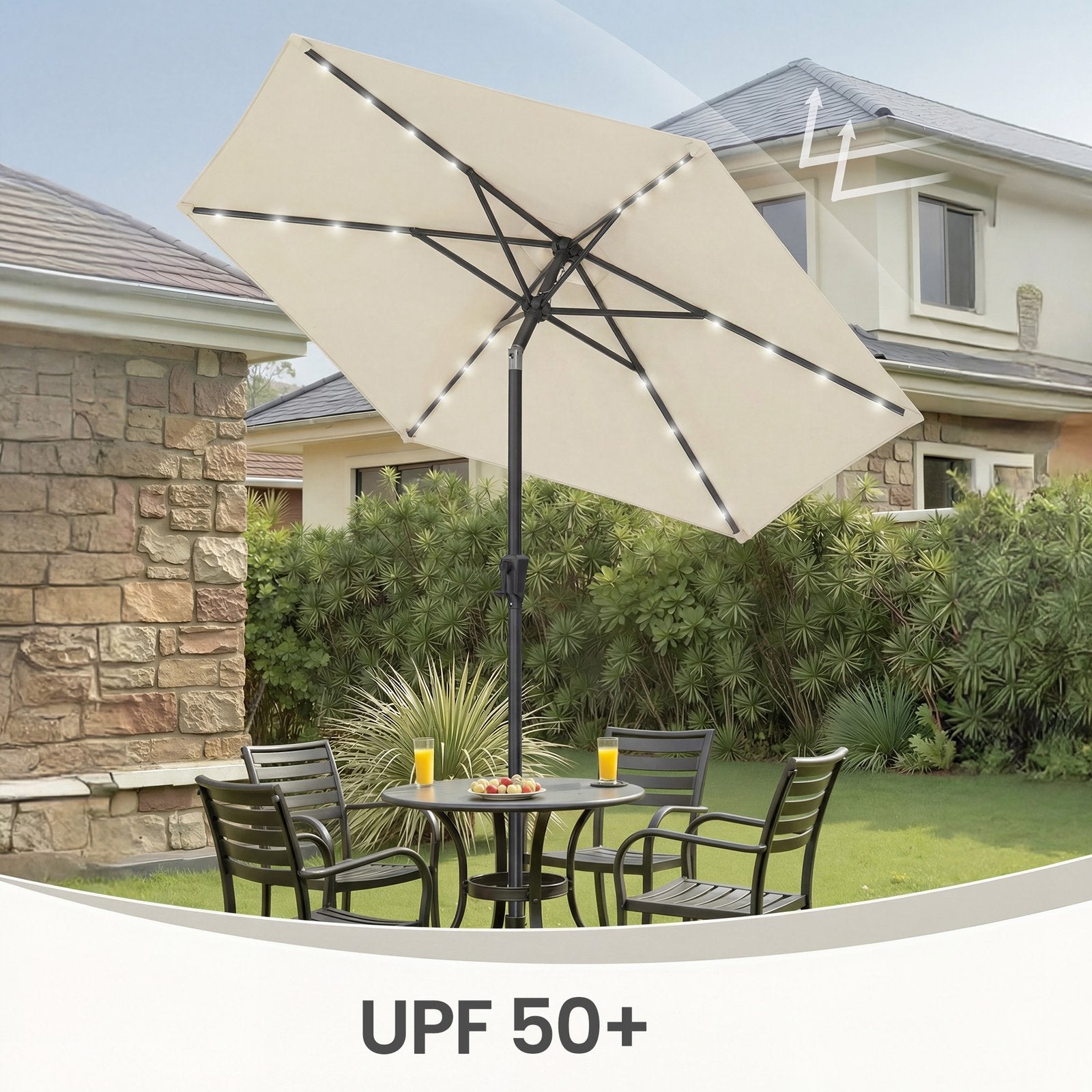Outdoor Patio Sun Umbrella - 2.7m - Steel Frame - Solar-Powered LED Lights