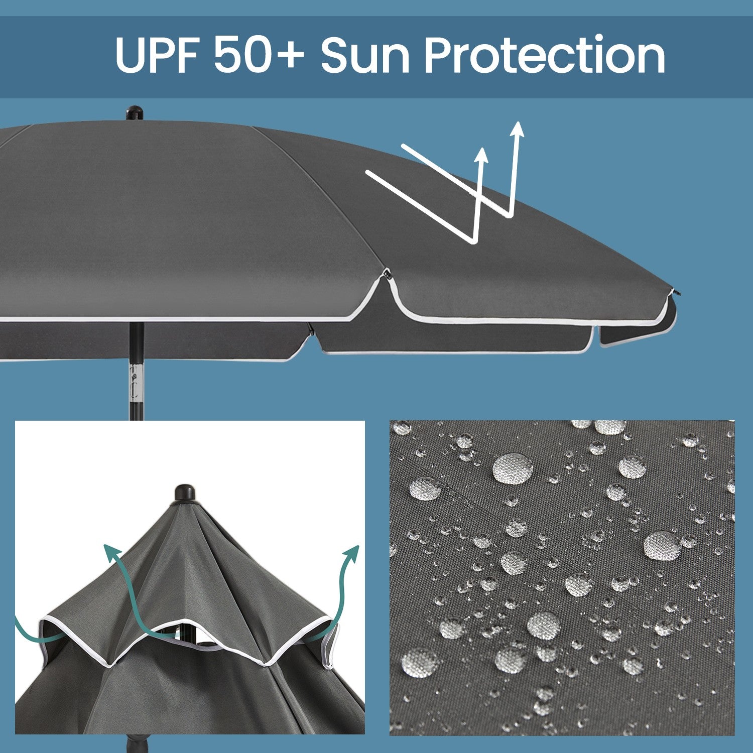 Garden Umbrella - Fabric - Grey - Height Adjustable with 30° Tilt and Portable Carry Bag