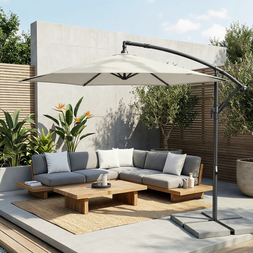 Outdoor Patio Umbrella - Powder-Coated Metal Pole - Beige - with Crank
