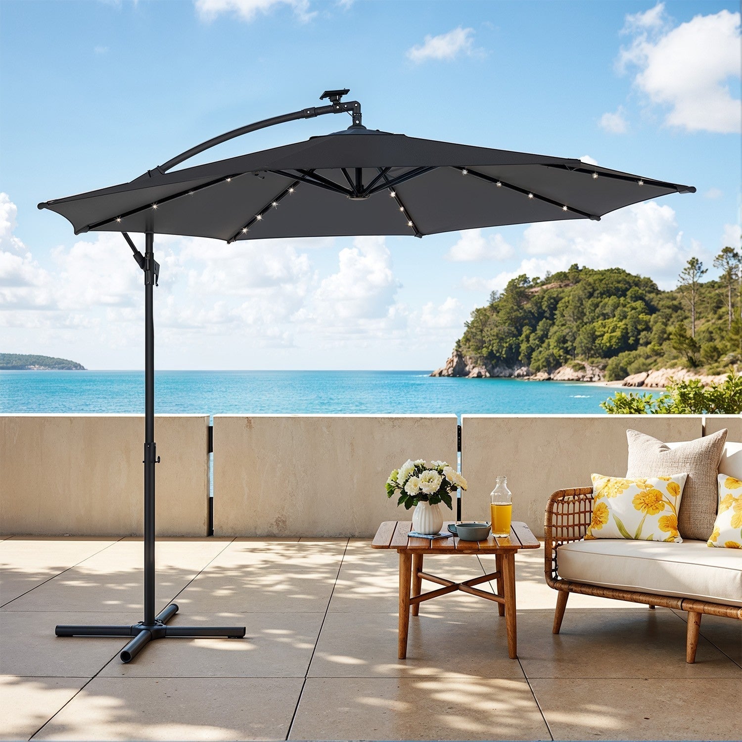 Cantilever Patio Parasol - Fabric - Grey - 32 Solar-Powered LED Lights