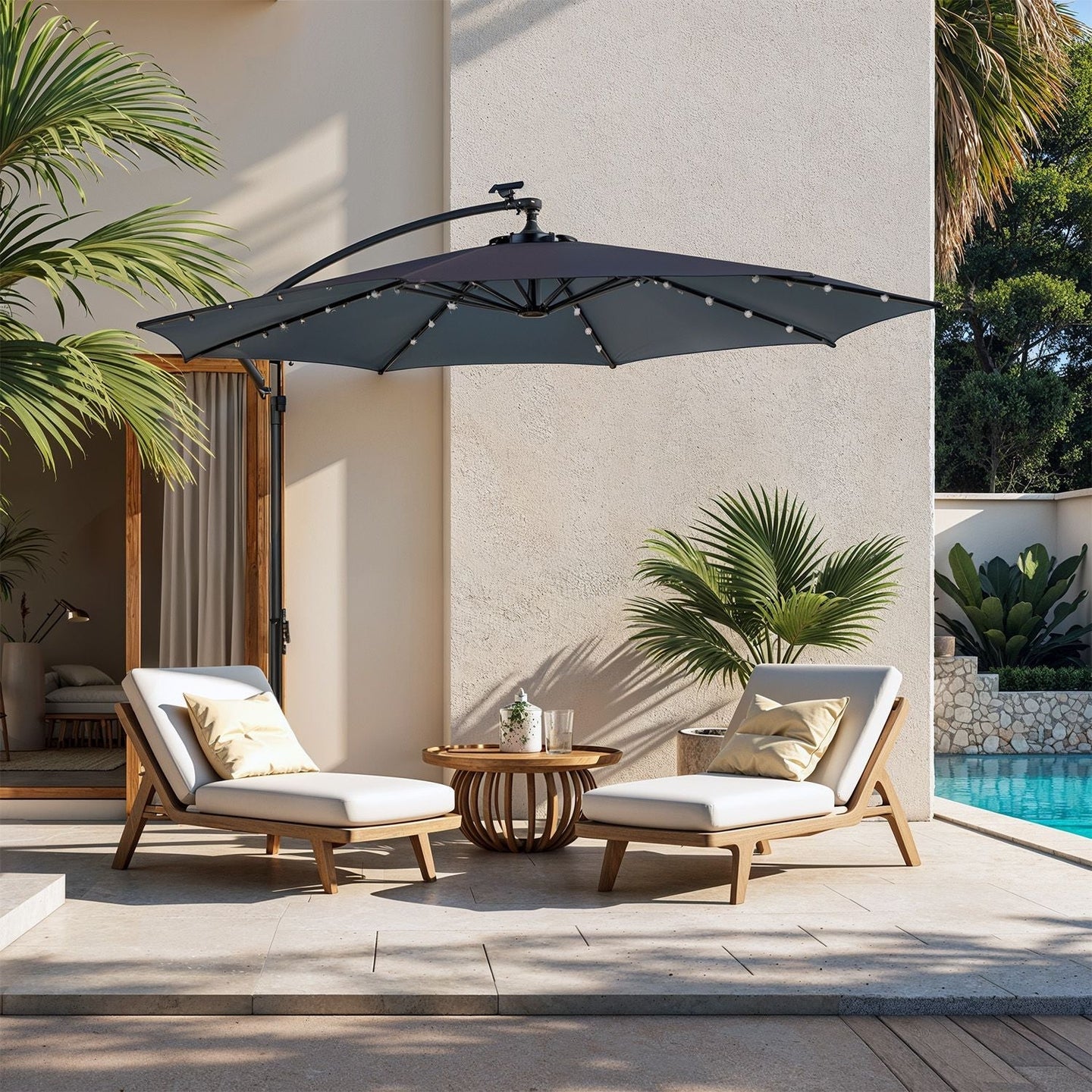 Cantilever Patio Parasol - Fabric - Grey - 32 Solar-Powered LED Lights