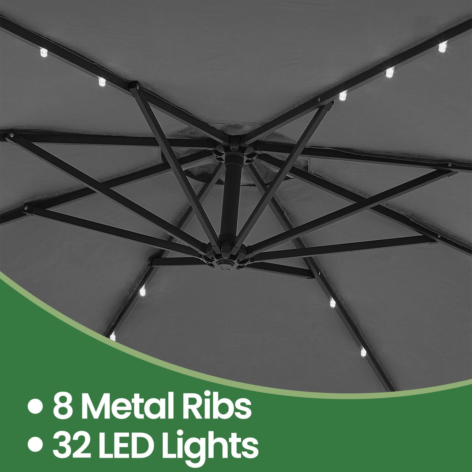 Cantilever Patio Parasol - Fabric - Grey - 32 Solar-Powered LED Lights