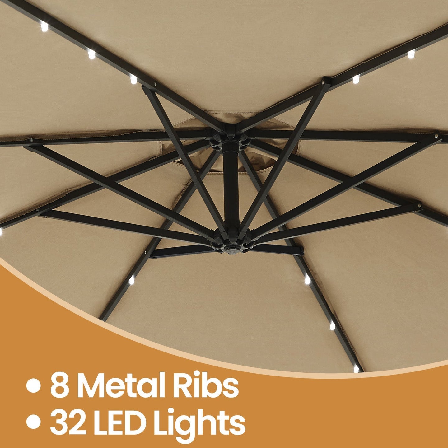 Cantilever Patio Umbrella - Fabric - Grey - 3 m with Solar-Powered LED Lights