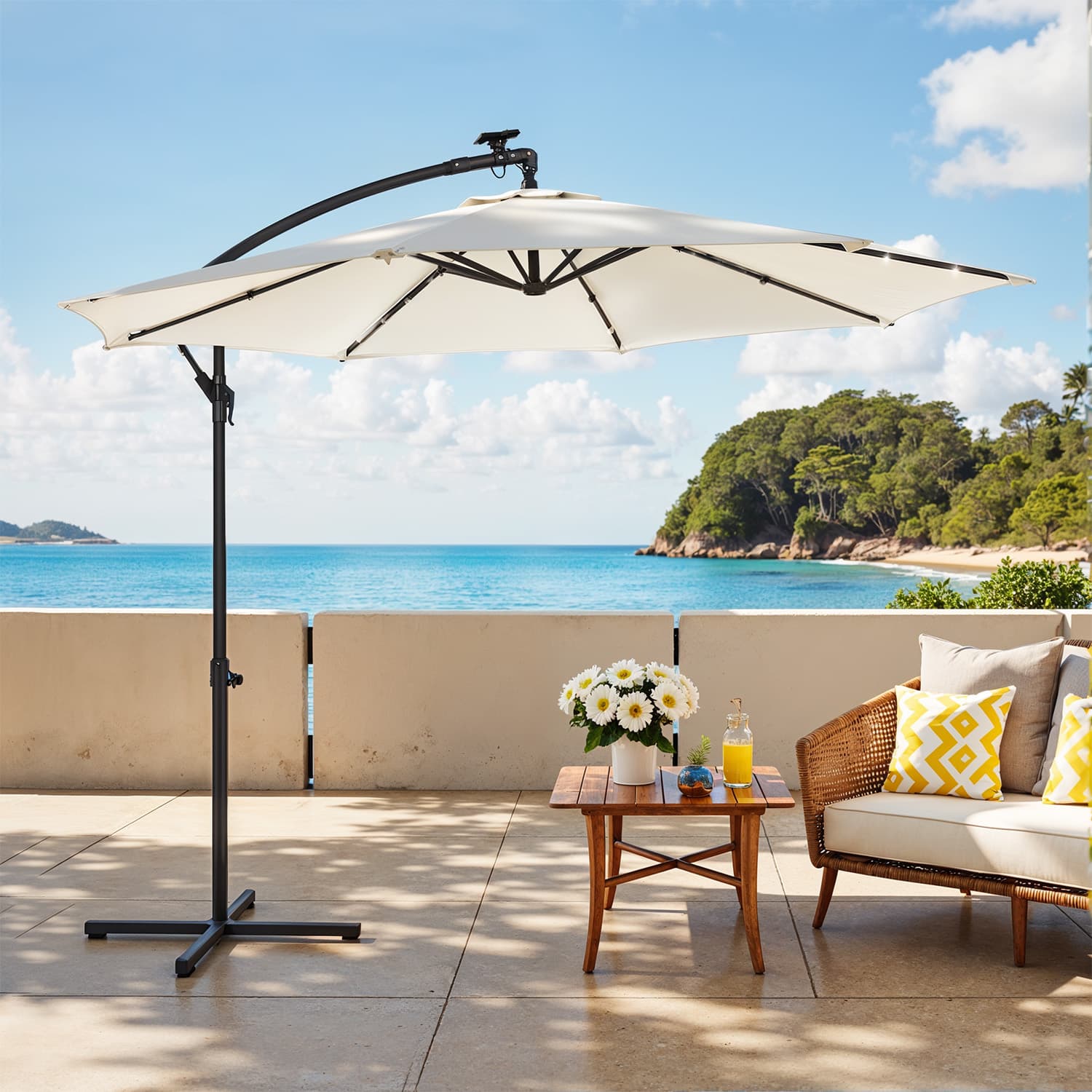 Cantilever Patio Parasol - Fabric - Grey - 32 Solar-Powered LED Lights