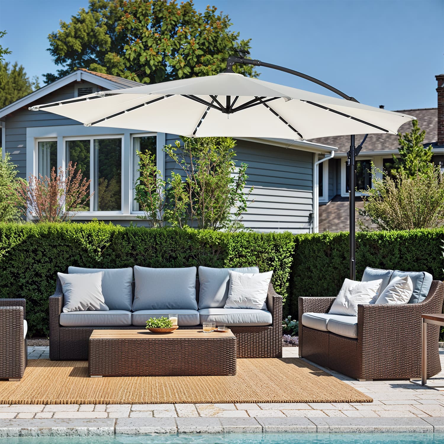 Cantilever Patio Parasol - Fabric - Grey - 32 Solar-Powered LED Lights