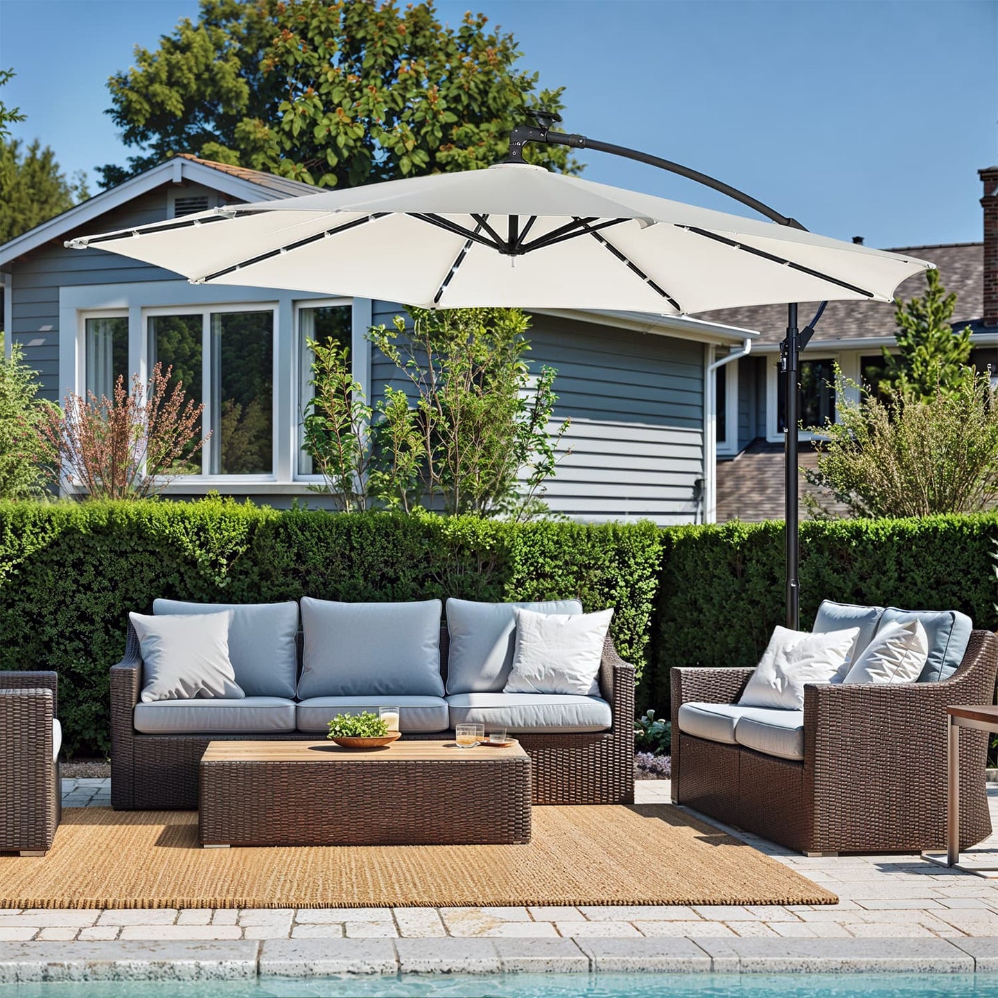 Cantilever Patio Parasol - Fabric - Grey - 32 Solar-Powered LED Lights