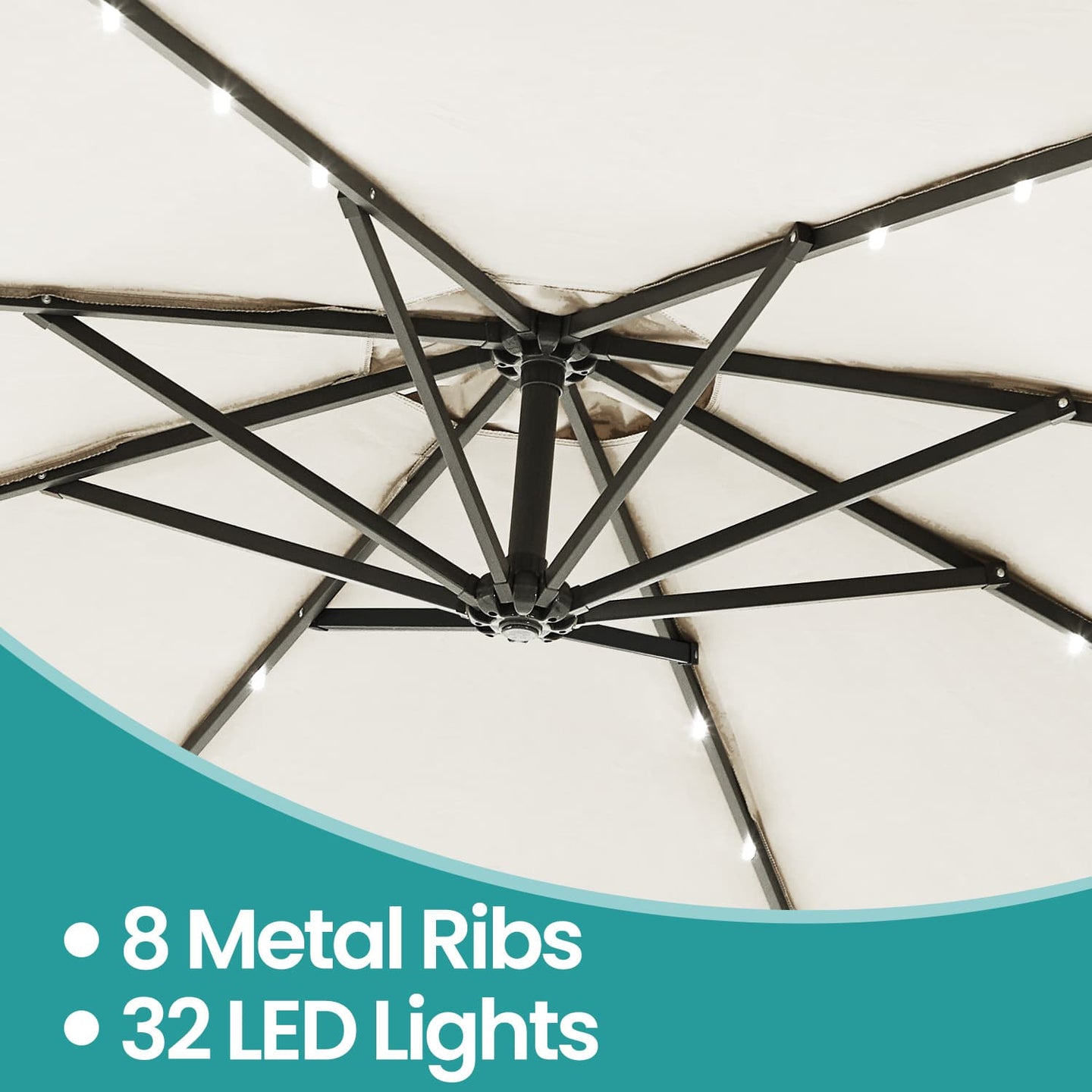 Cantilever Patio Parasol - Fabric - Grey - 32 Solar-Powered LED Lights