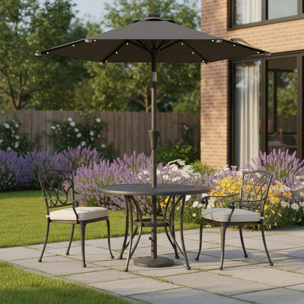 Outdoor Patio Umbrella - 2.7m - Steel Frame - Solar LED Lights