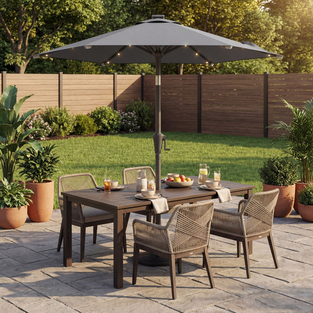 Outdoor Patio Umbrella - 2.7m - Steel Frame - Solar LED Lights