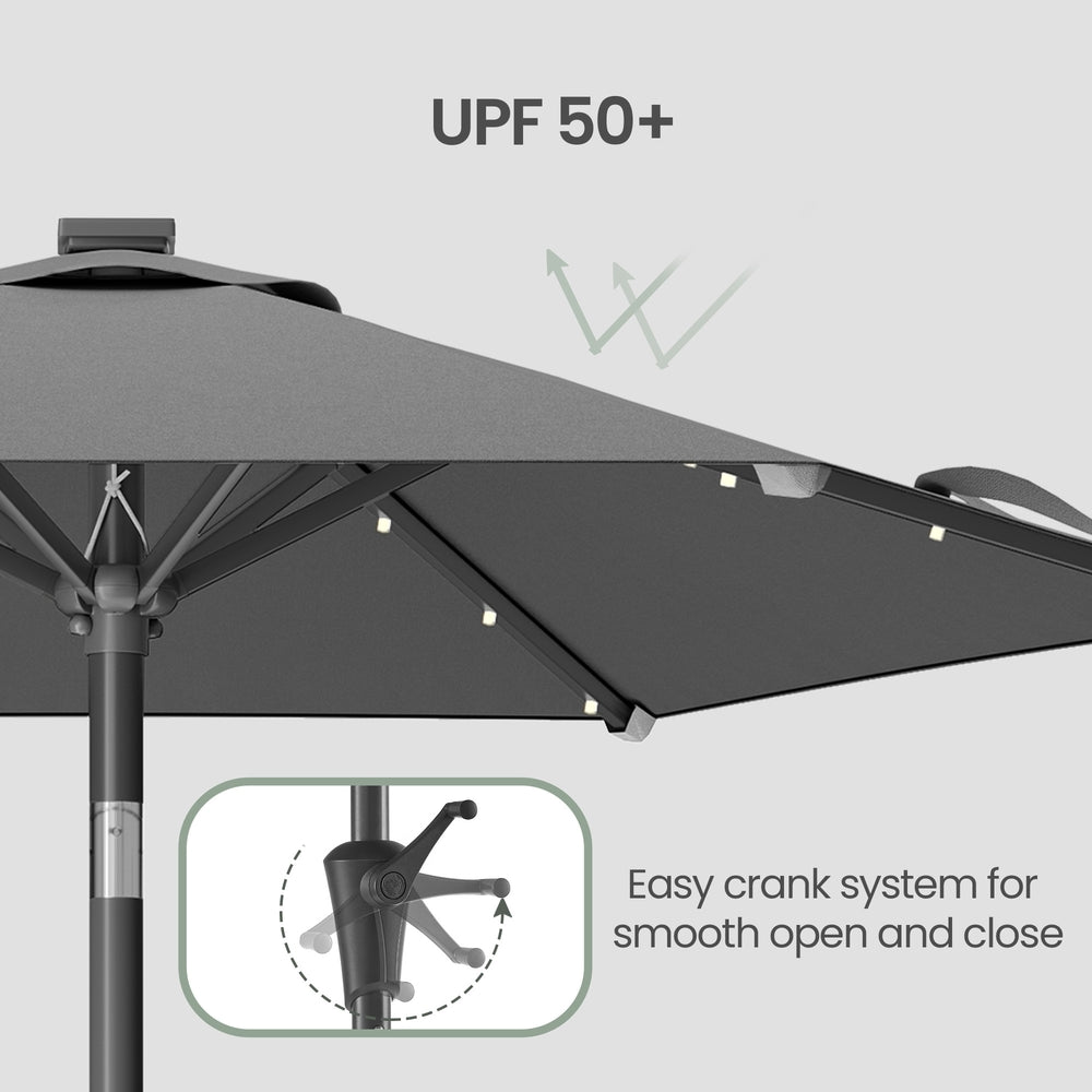 Outdoor Patio Umbrella - 2.7m - Steel Frame - Solar LED Lights