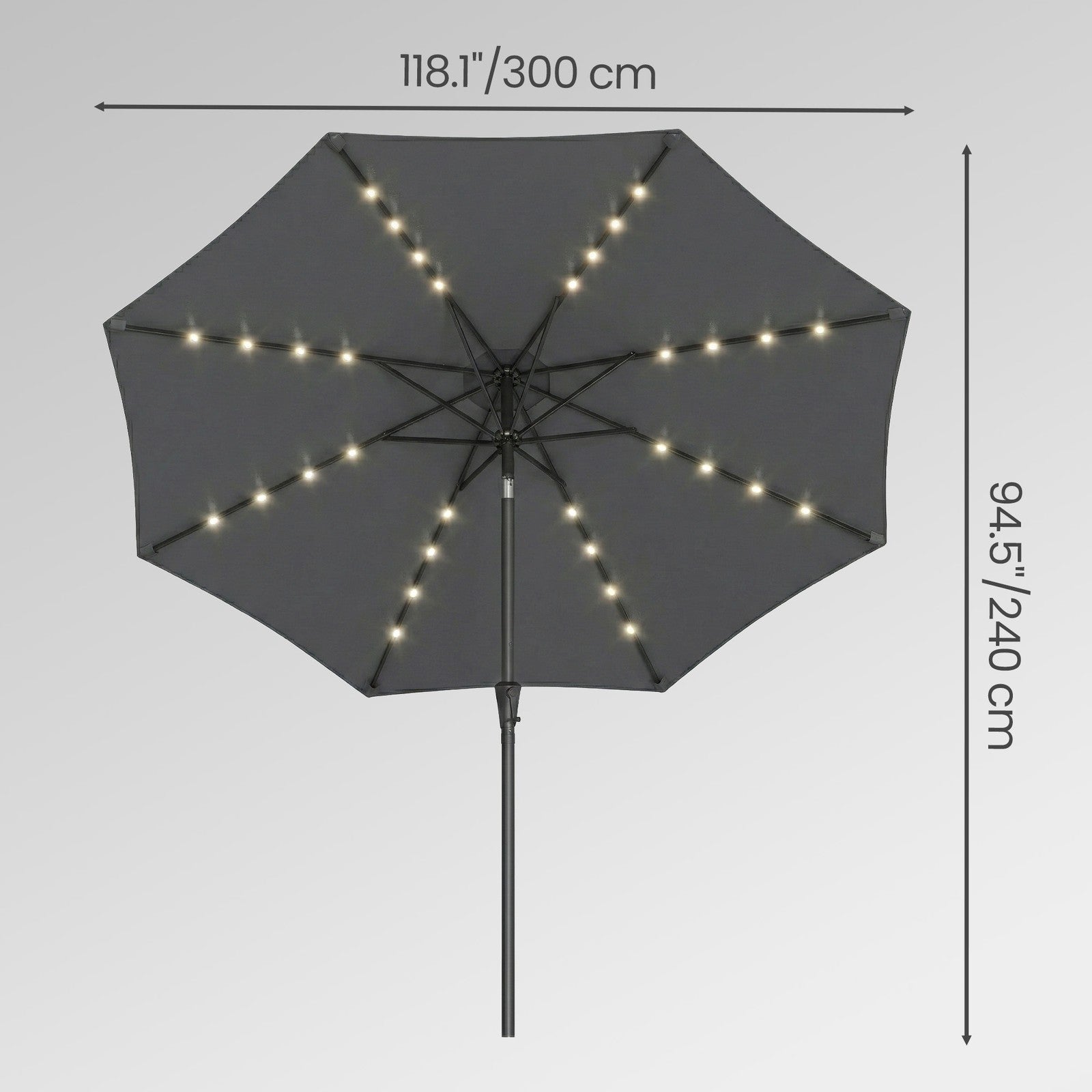 Patio Umbrella - 3m - Steel Frame - Solar-Powered LED Lights