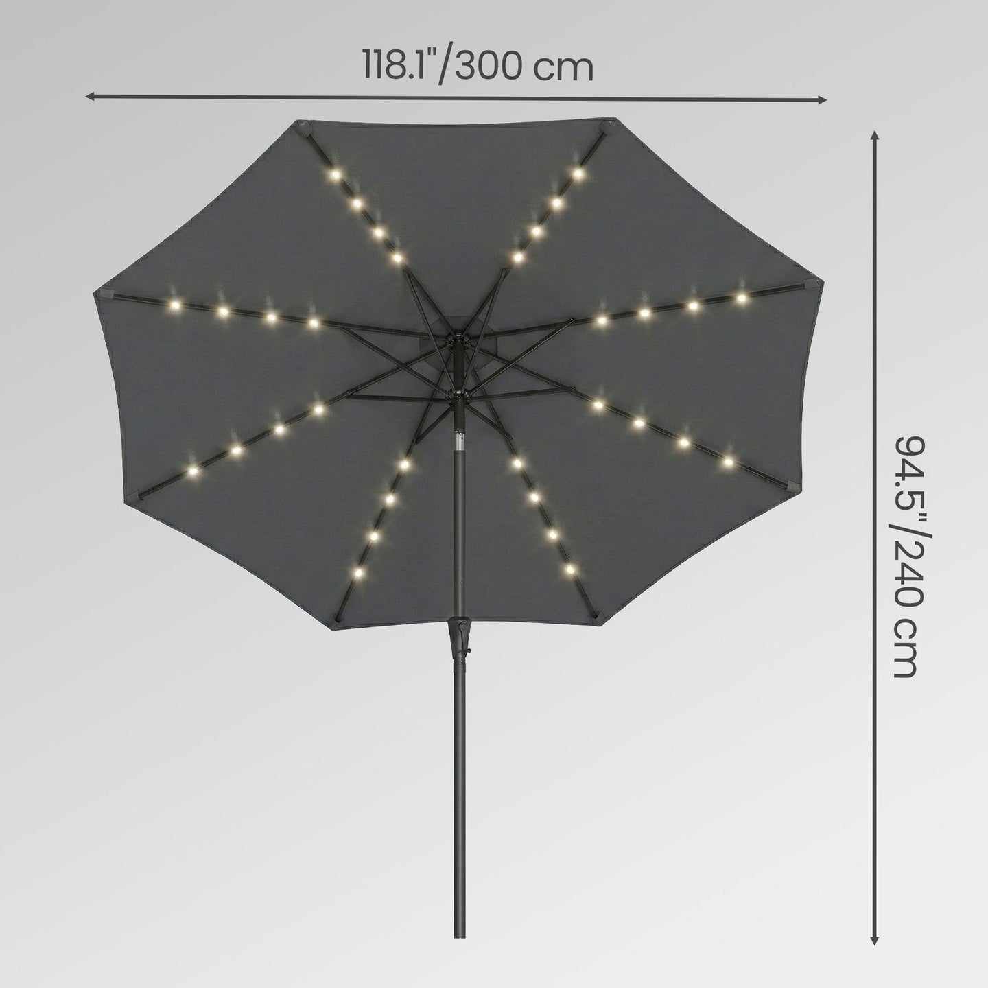 Patio Umbrella - 3m - Steel Frame - Solar-Powered LED Lights