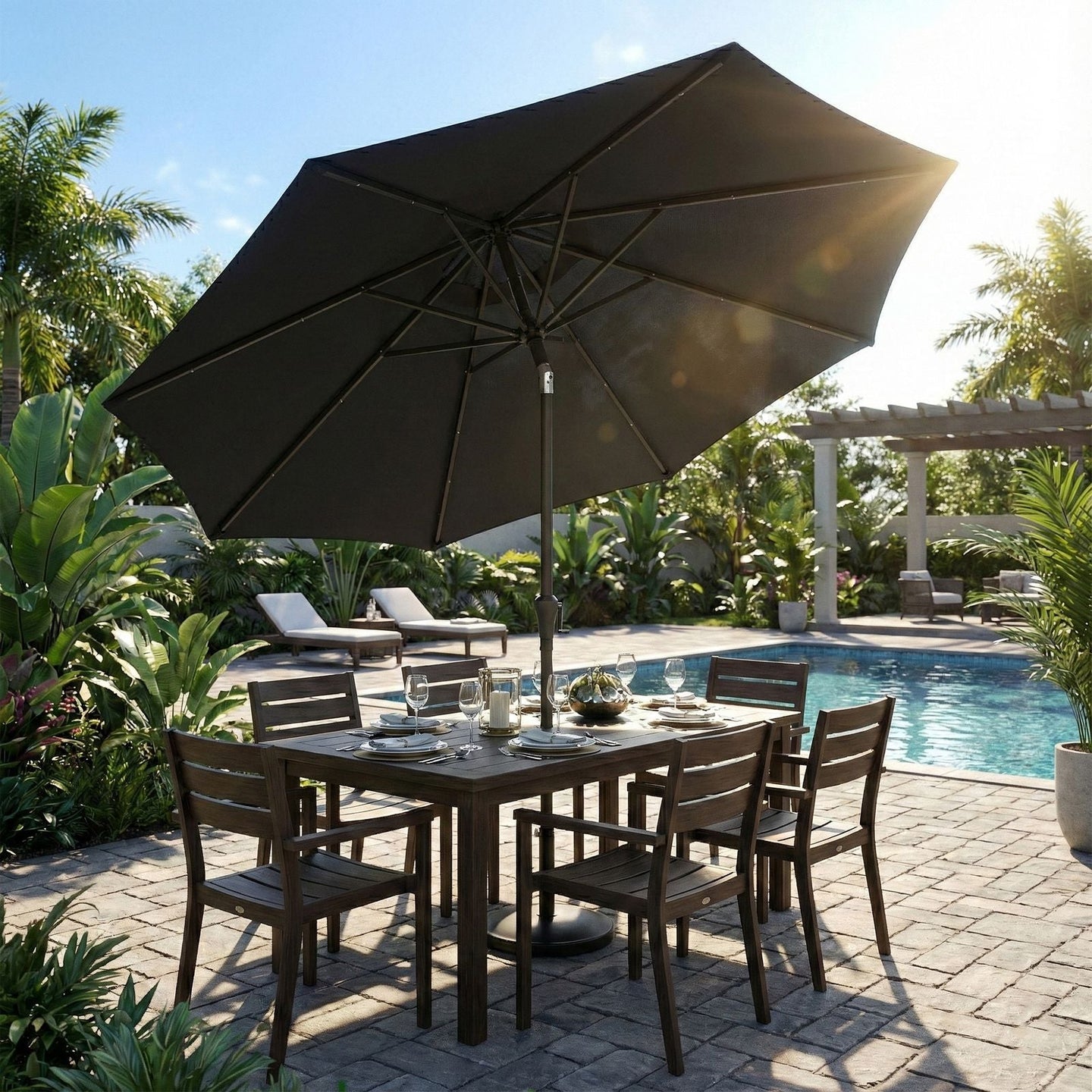 Patio Umbrella - 3m - Steel Frame - Solar-Powered LED Lights