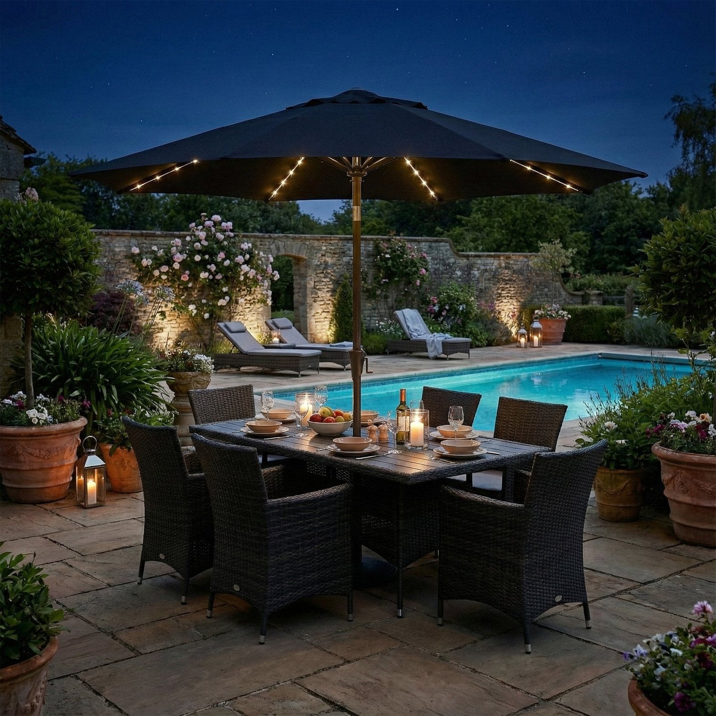 Patio Umbrella - 3m - Steel Frame - Solar-Powered LED Lights