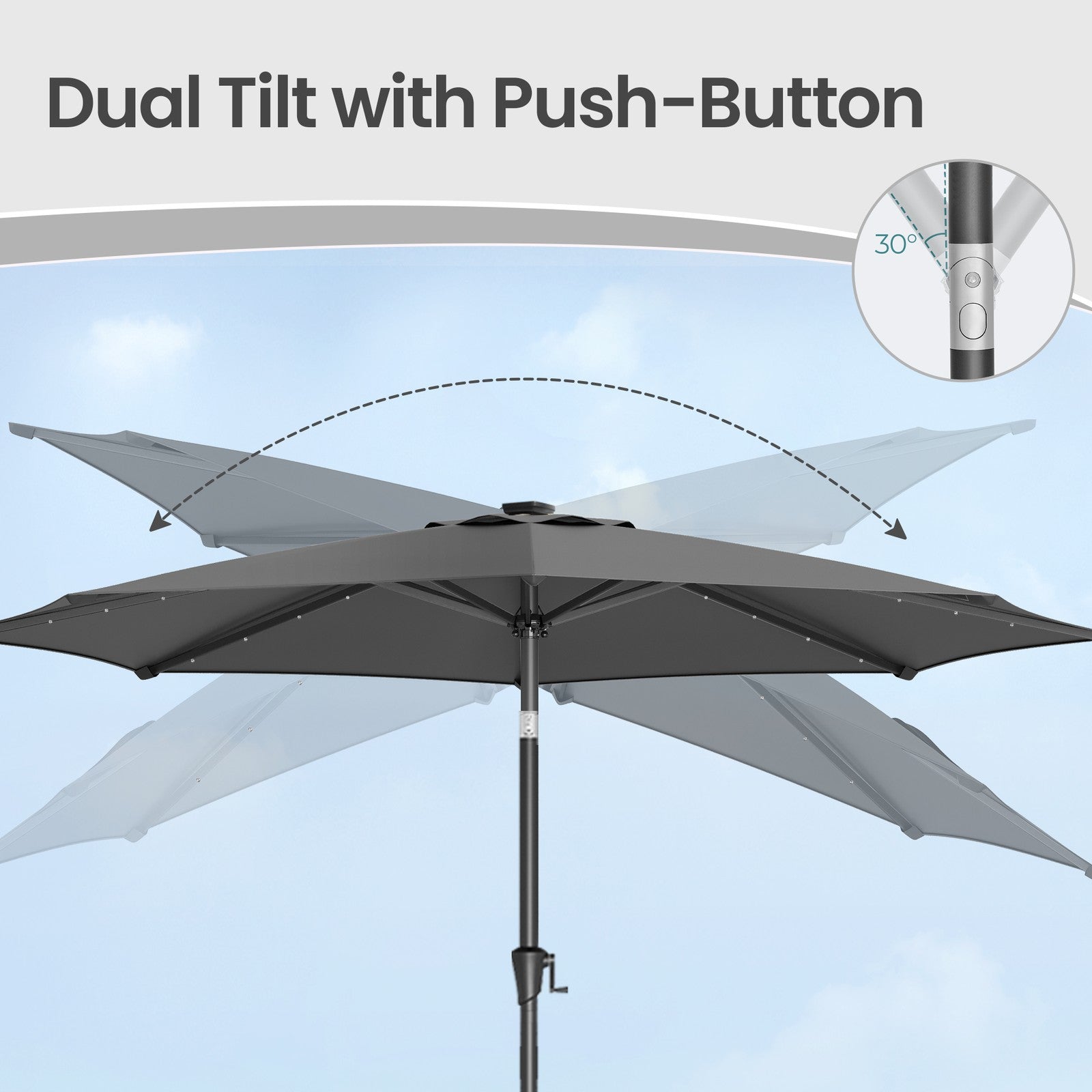 Patio Umbrella - 3m - Steel Frame - Solar-Powered LED Lights