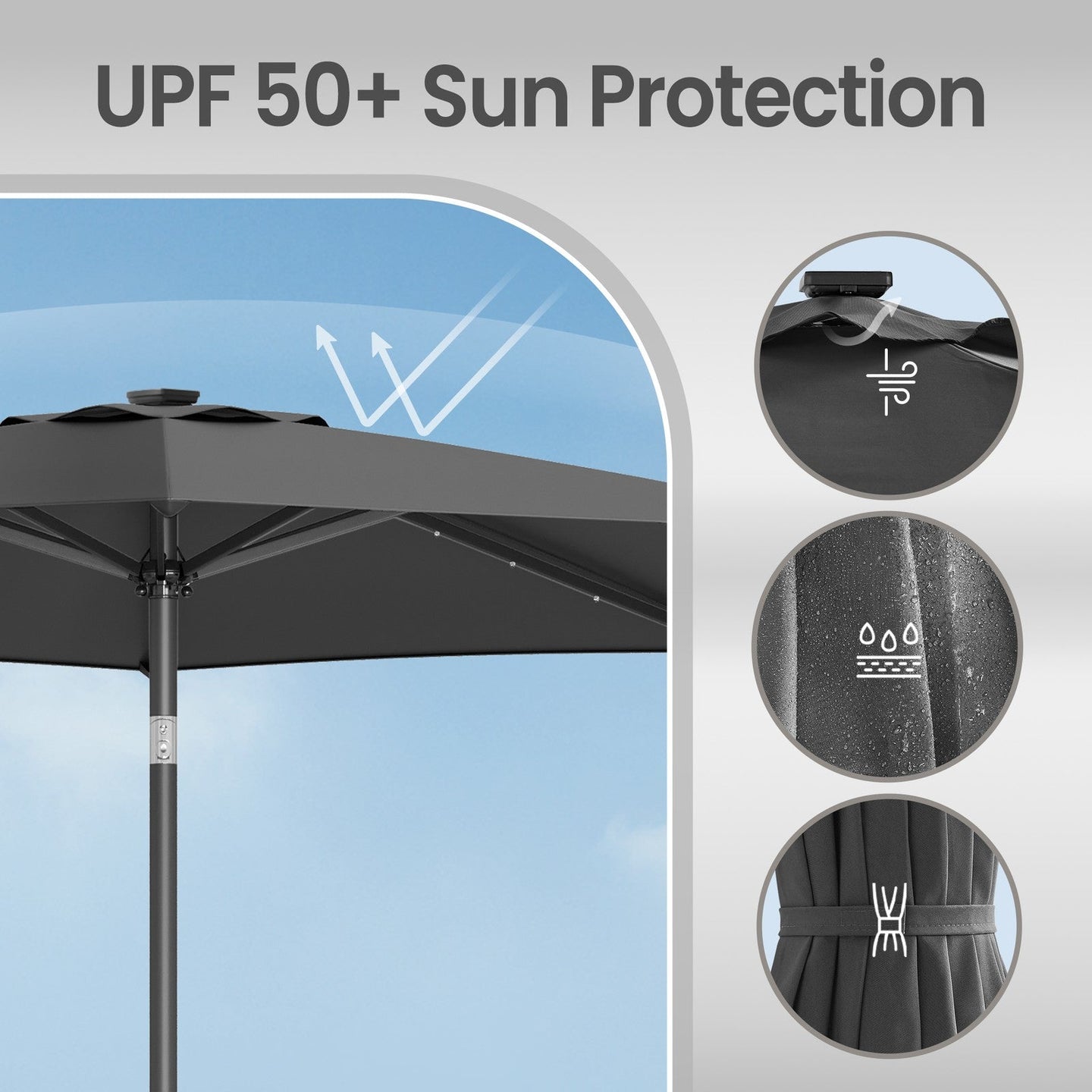 Patio Umbrella - 3m - Steel Frame - Solar-Powered LED Lights