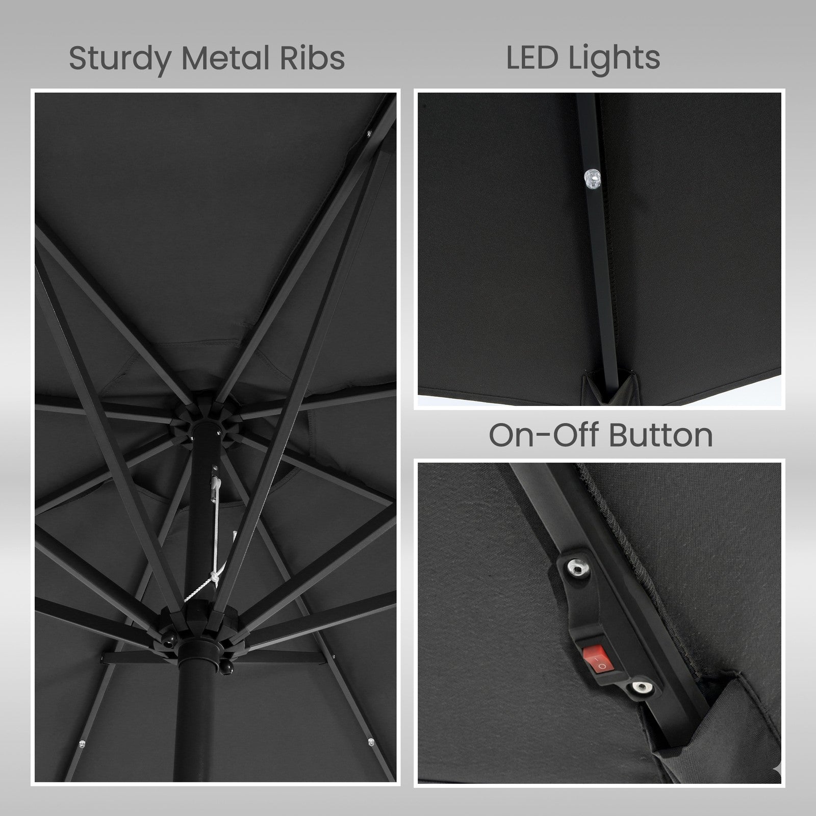 Patio Umbrella - 3m - Steel Frame - Solar-Powered LED Lights