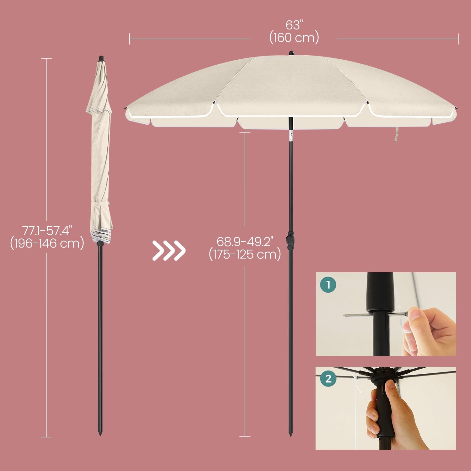 Garden Umbrella - Polyester - Beige - 30° Tilt and Height Adjustable with Portable Carry Bag