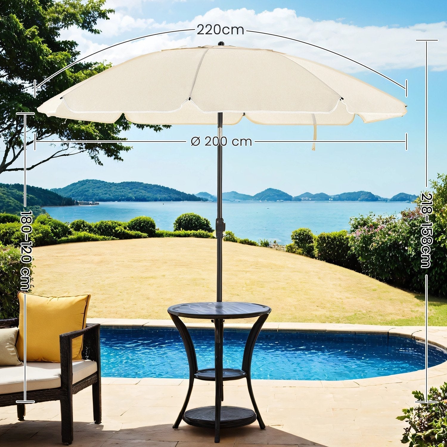 Patio Umbrella - Fabric - Beige - Double-Sided with 30° Tilt and Height Adjustable