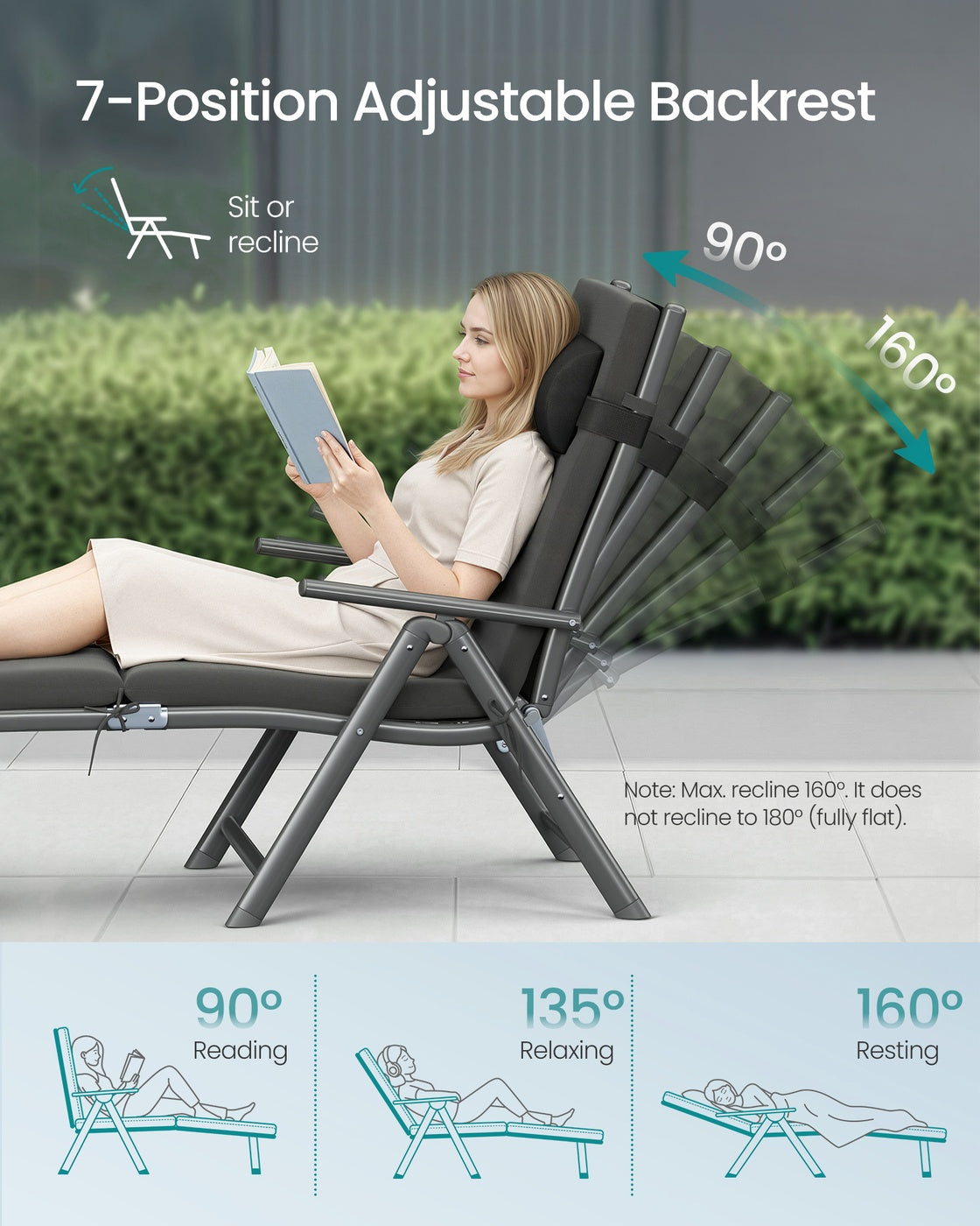 Foldable Sun Lounger - Synthetic Fabric and Aluminium - Slate Grey