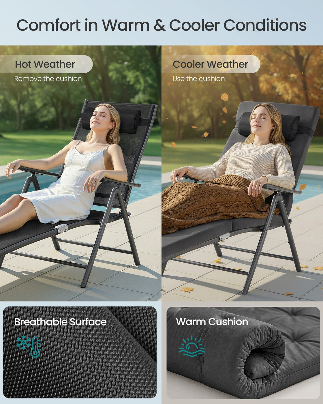 Foldable Sun Lounger - Synthetic Fabric and Aluminium - Slate Grey