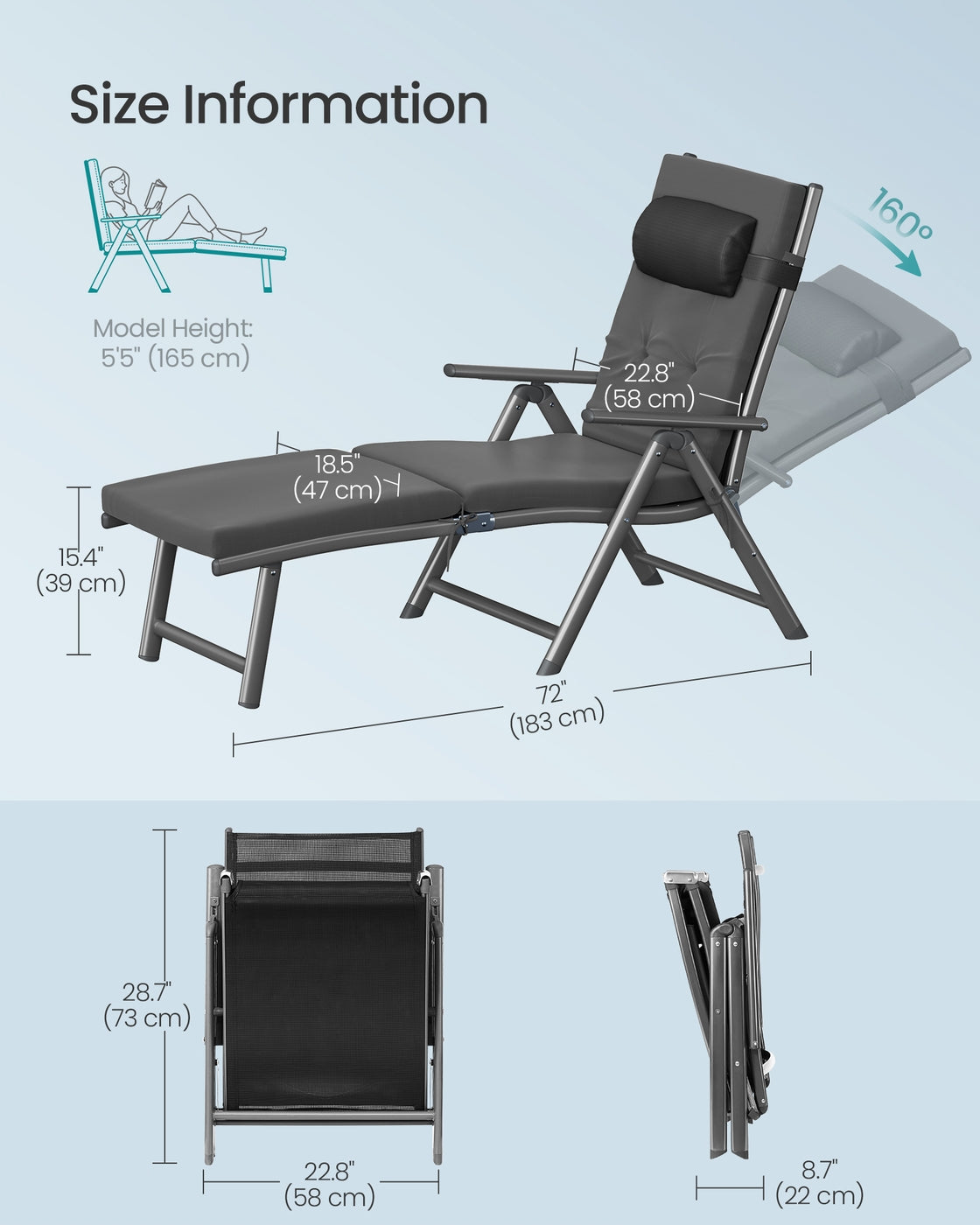 Foldable Sun Lounger - Synthetic Fabric and Aluminium - Slate Grey