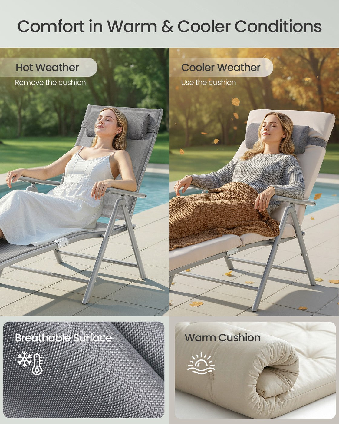 Foldable Sun Lounger - Synthetic Fabric and Aluminium - Sand Beige