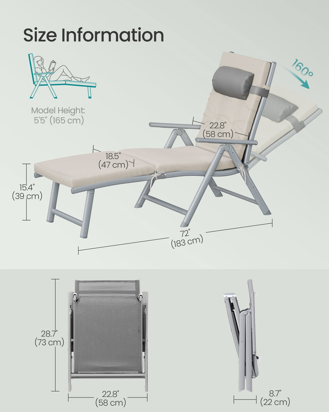 Foldable Sun Lounger - Synthetic Fabric and Aluminium - Sand Beige