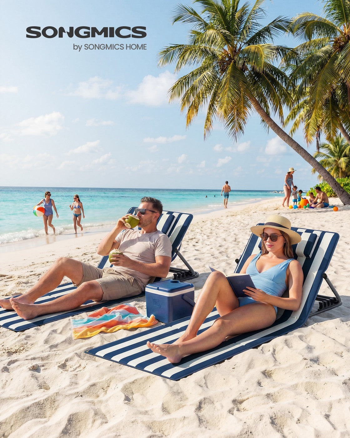 Set of 2 Folding Beach Sunloungers - Steel Tube and Oxford Fabric - Midnight Blue and Cloud White
