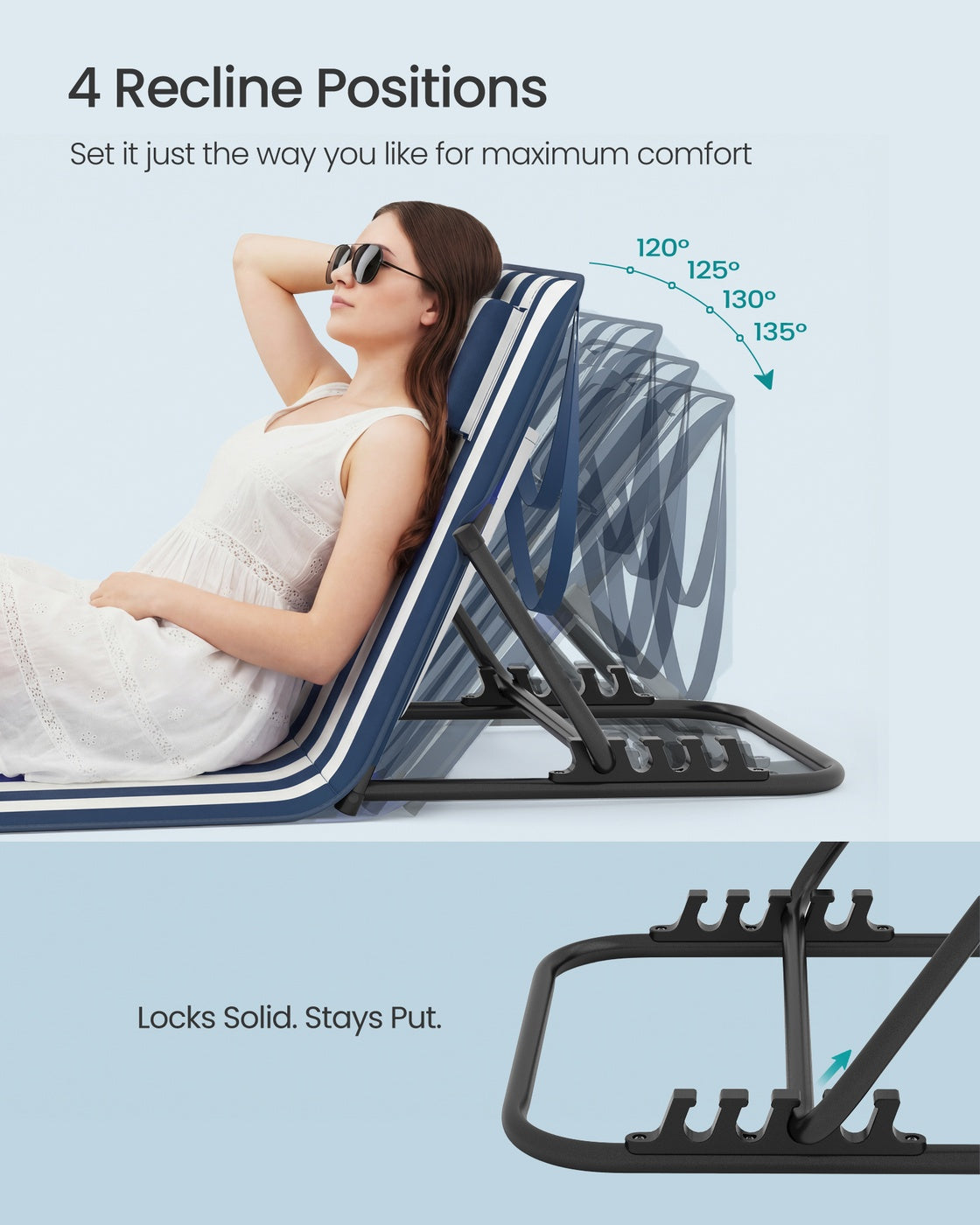 Set of 2 Folding Beach Sunloungers - Steel Tube and Oxford Fabric - Midnight Blue and Cloud White