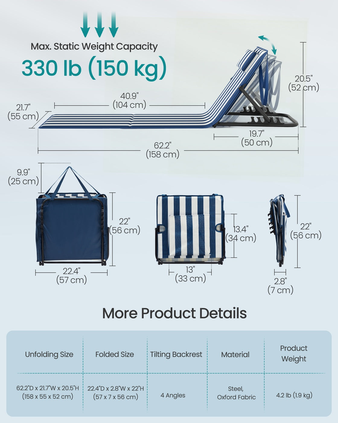 Set of 2 Folding Beach Sunloungers - Steel Tube and Oxford Fabric - Midnight Blue and Cloud White
